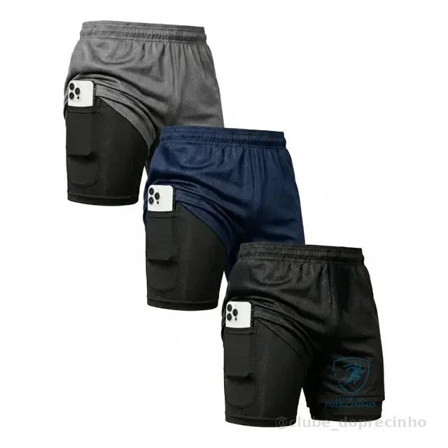 Kit 3 Shorts 2 Em 1 Duplo Bolso Para Academia Treino Corrida