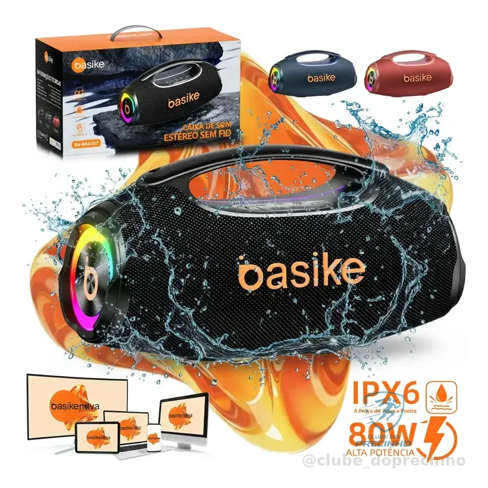 Basike Caixa De Som Boombox Plus 80w 8000mah 10hrs Portátil Bluetooth 5.3 Sem Fio Ipx6 À Prova D'água Com Luz Rgb Hifi... 6v Preto
