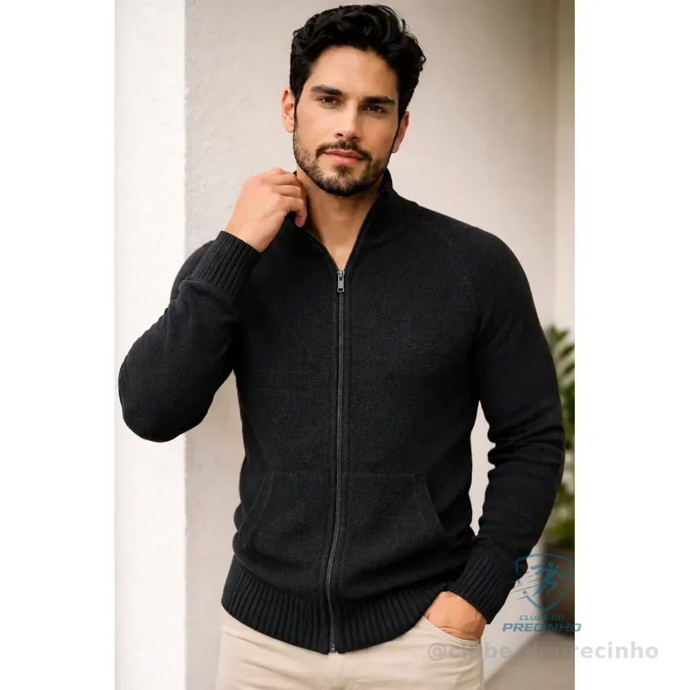 Jaqueta Tricô Suéter Masculina Gola Alta Inverno Com Ziper Preto