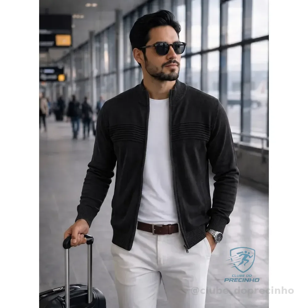 Casaco Masculino Tricot Com Zíper Gola Alta Jaqueta De Frio Preto M