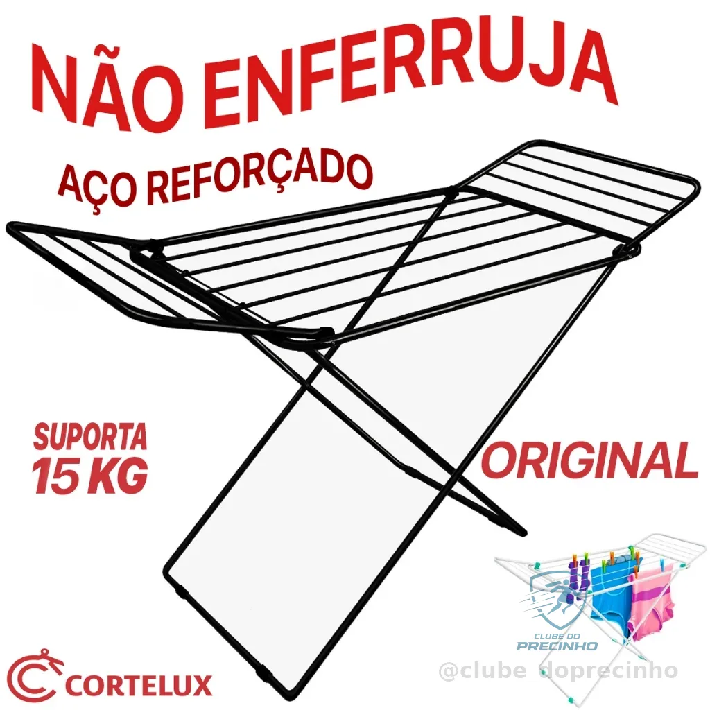 Varal de Chão Reforçado Aço Não Enferruja com Abas 13kg Dobrável Retrátil Miami Branco Azul Preto