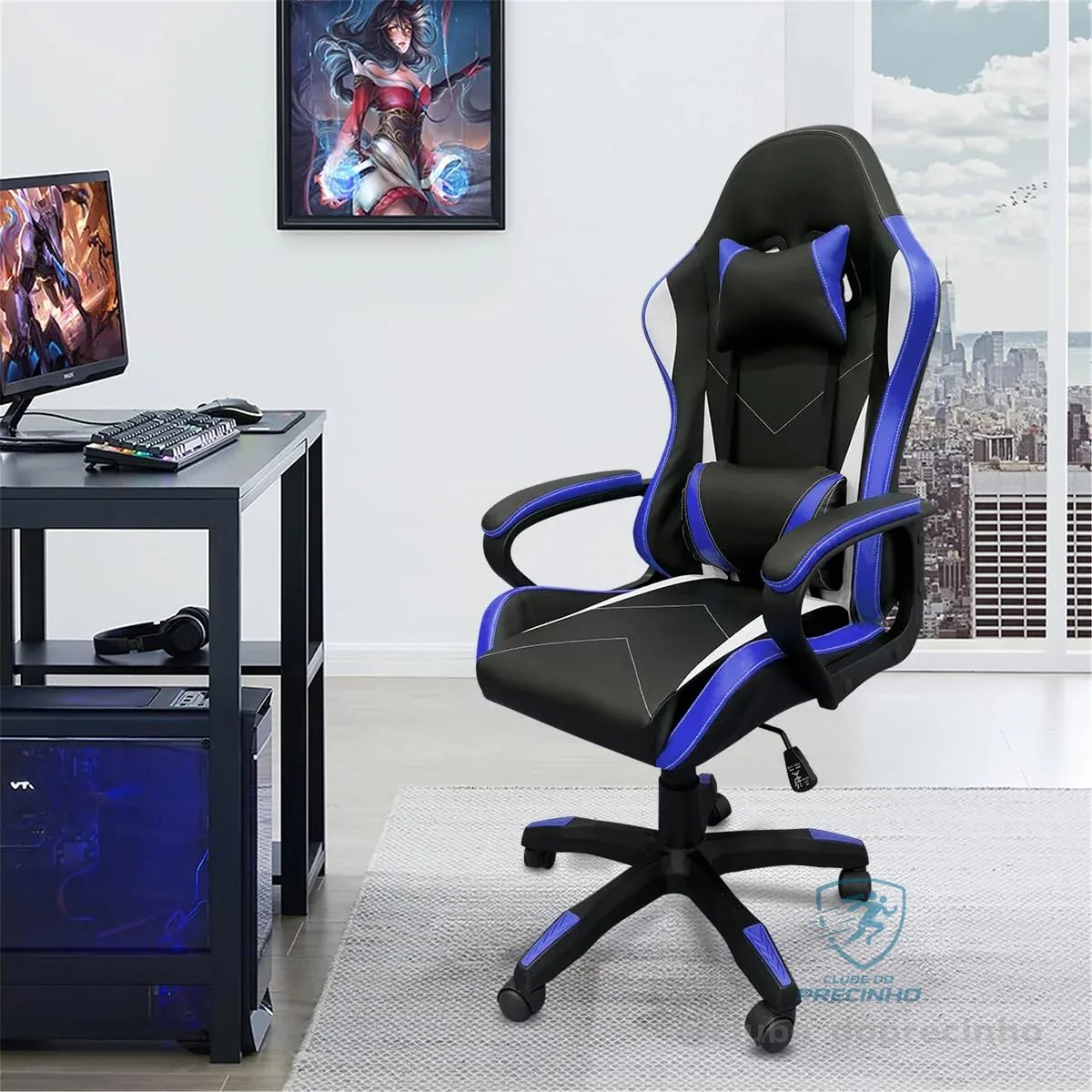 Cadeira de jogos com encosto alto, apoios de braços fixos em quatro pontos, altura ajustável (Azul)