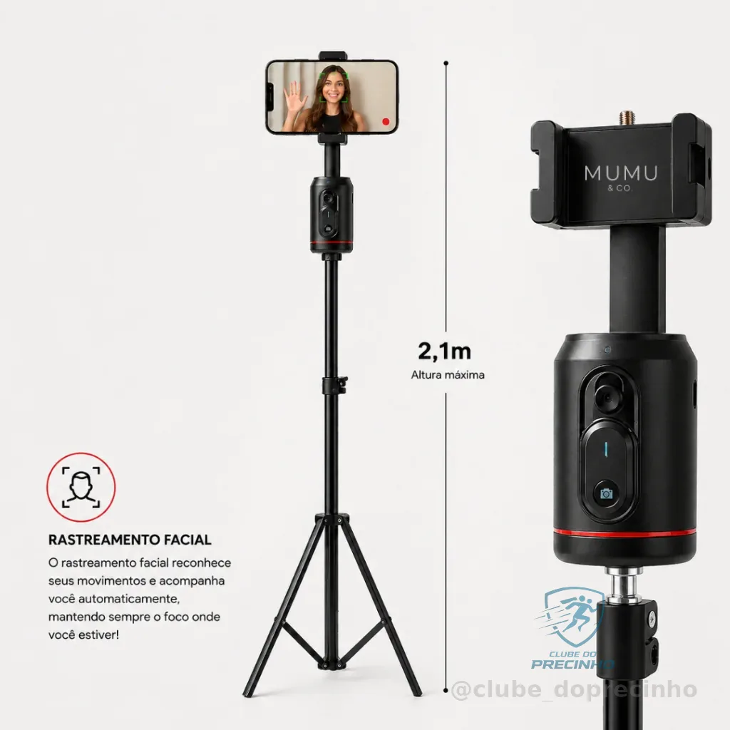 Tripé Suporte para Celular Inteligente 2,1m Rotação 360° com Rastreamento Facial iPhone Android