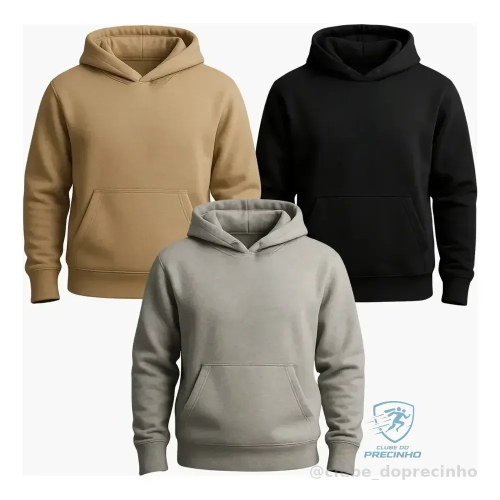 Kit 3 Abrigo Moletom Adulto Capuz Jaqueta Canguru Liso Frio G Kit Bege / Preto / Cinza