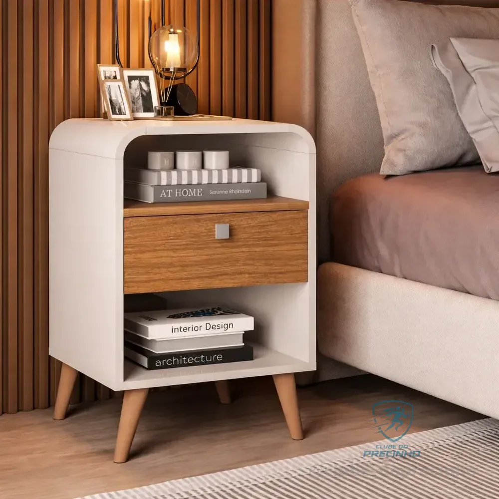 Mesa De Cabeceira Curvada Com 1 Gaveta - Retrô Brilhante Brilhante Naturale/off White