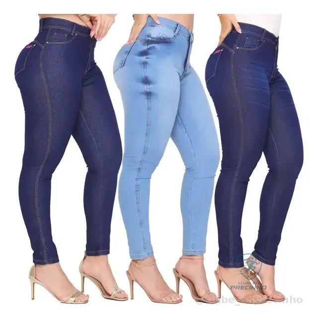 Kit 3 Calça Jeans Feminina Cintura Alta C/ Elastano Lycra