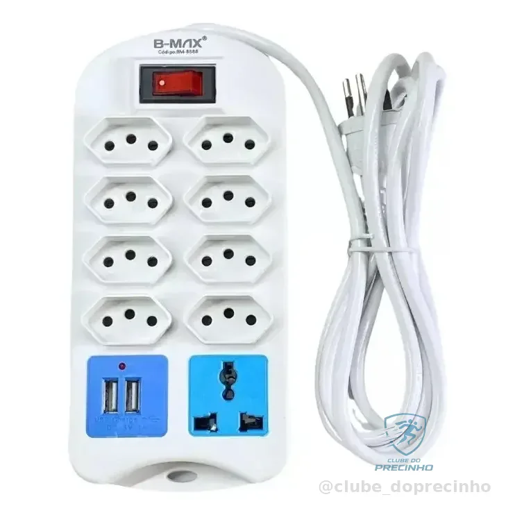 Extensão Elétrica 8 Tomadas Com 2 Entradas Usb E Cabo Longo Branco 127/220v