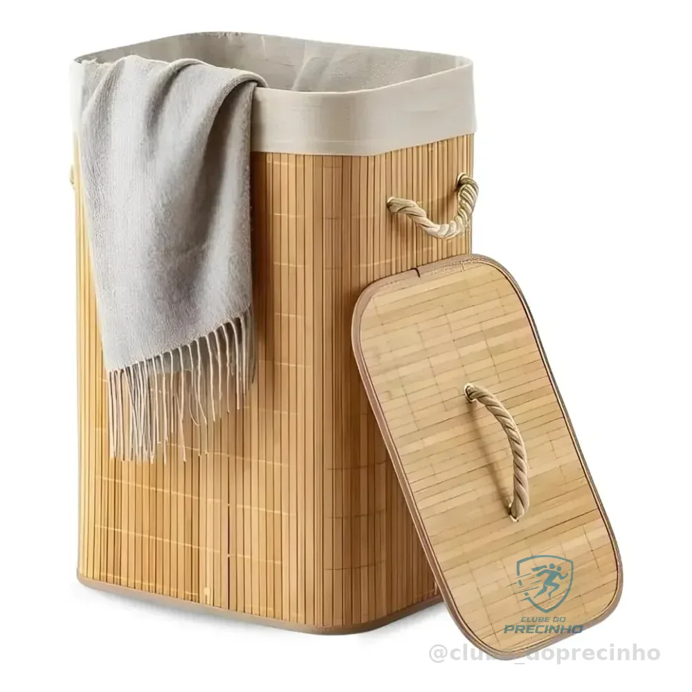 Eps-3903 Cesto Roupa Bambu Retangular Dobrável Com Tampa Alças 60l Bege
