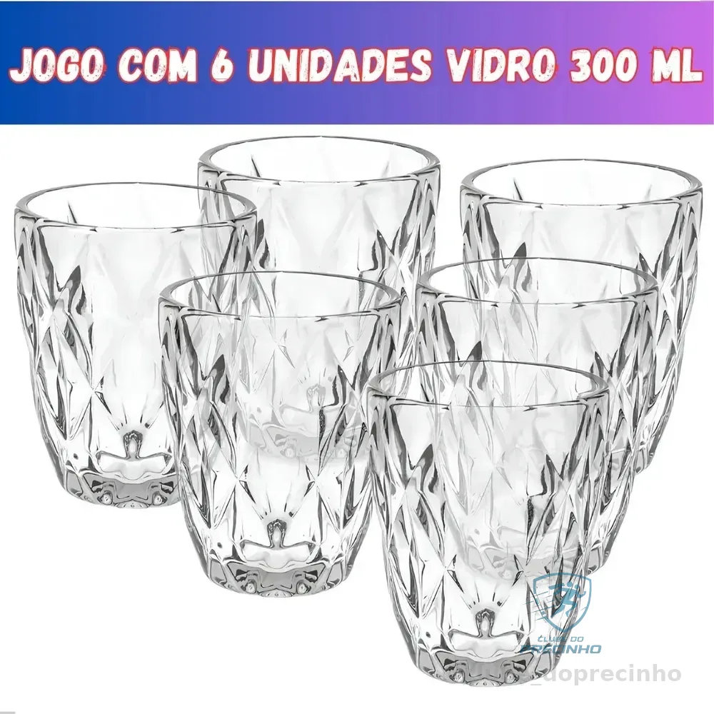 Jogo 6 Copos Vidro Diamante Grosso Resistente Agua 300ml Branco Ms Variedades