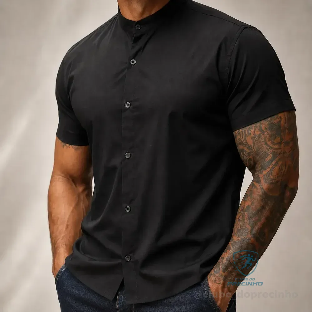 Camisa Social Slim Gola Padre Masculina Linho Manga Curta Preto Liso G