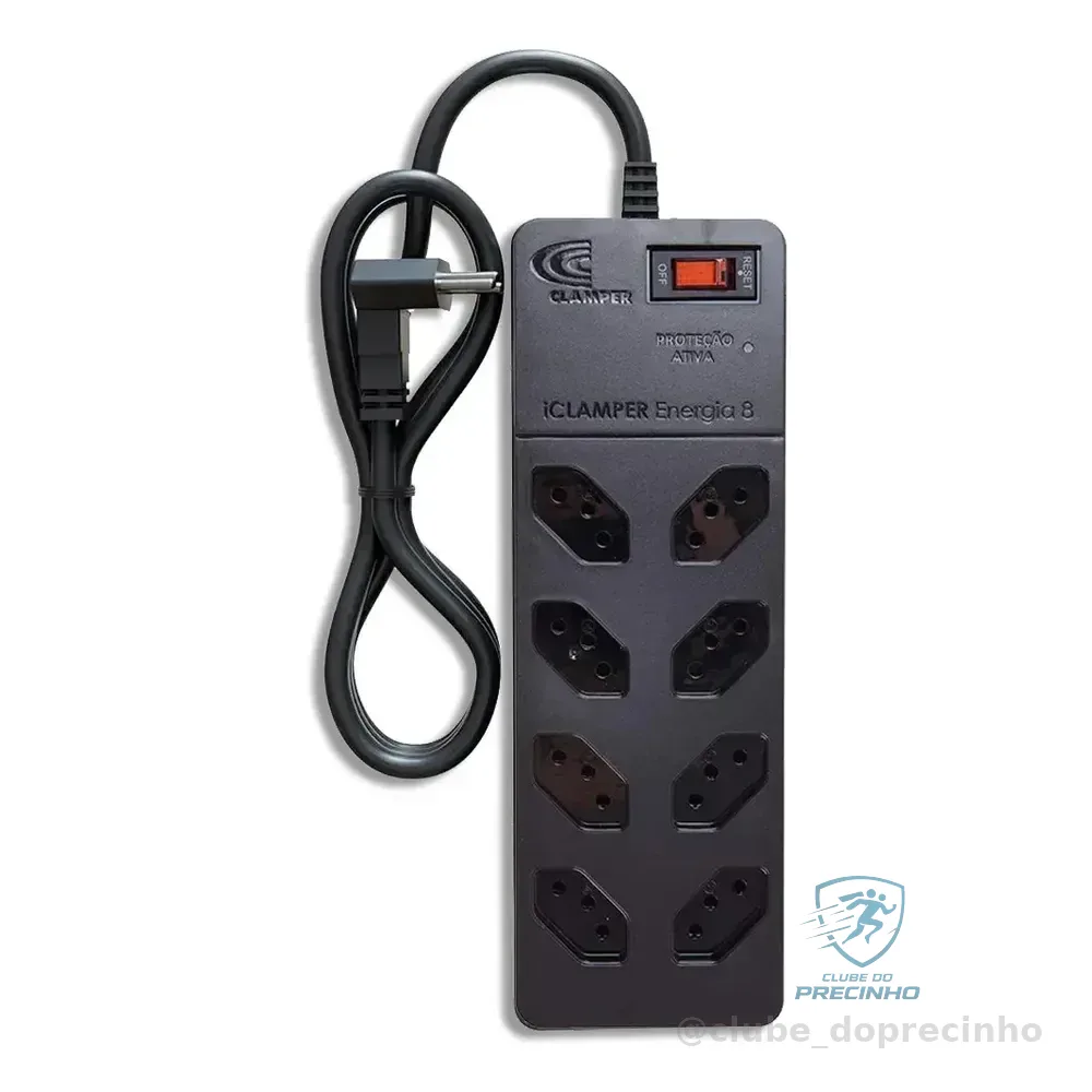 Filtro De Linha Com Protetor De Surto Dps Iclamper Energia 8 Tomadas 3 Pinos 10 Amperes Com Tecnologia Lcf Anti Raio Cor Preto 127/220v