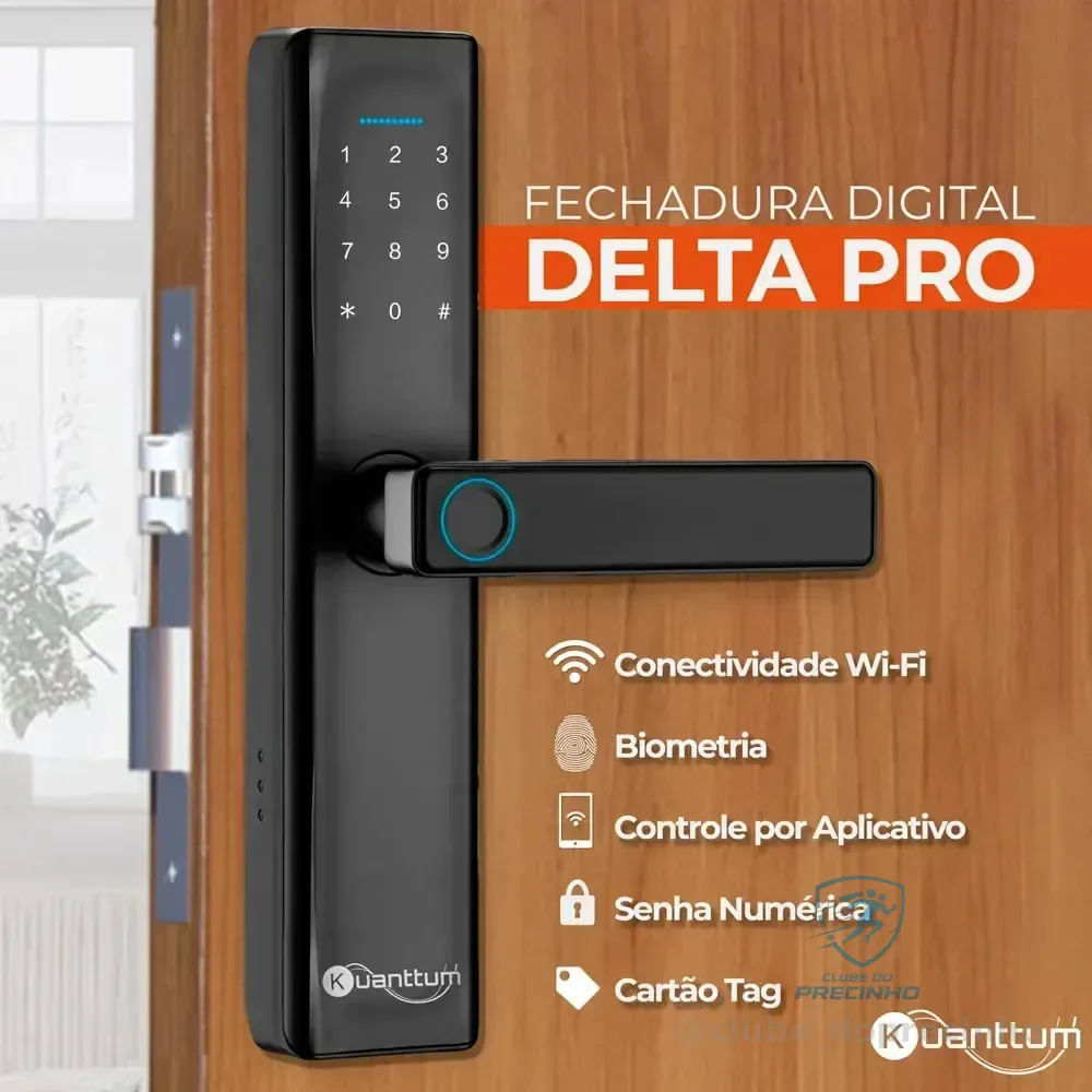 Fechadura Digital Biométrica Kuanttum Delta Pro Wifi Senha App Tuya Preta Preto