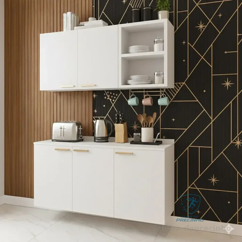 Armário De Cozinha Branco Suspenso + Balcão 3 Portas  Móvel Branco