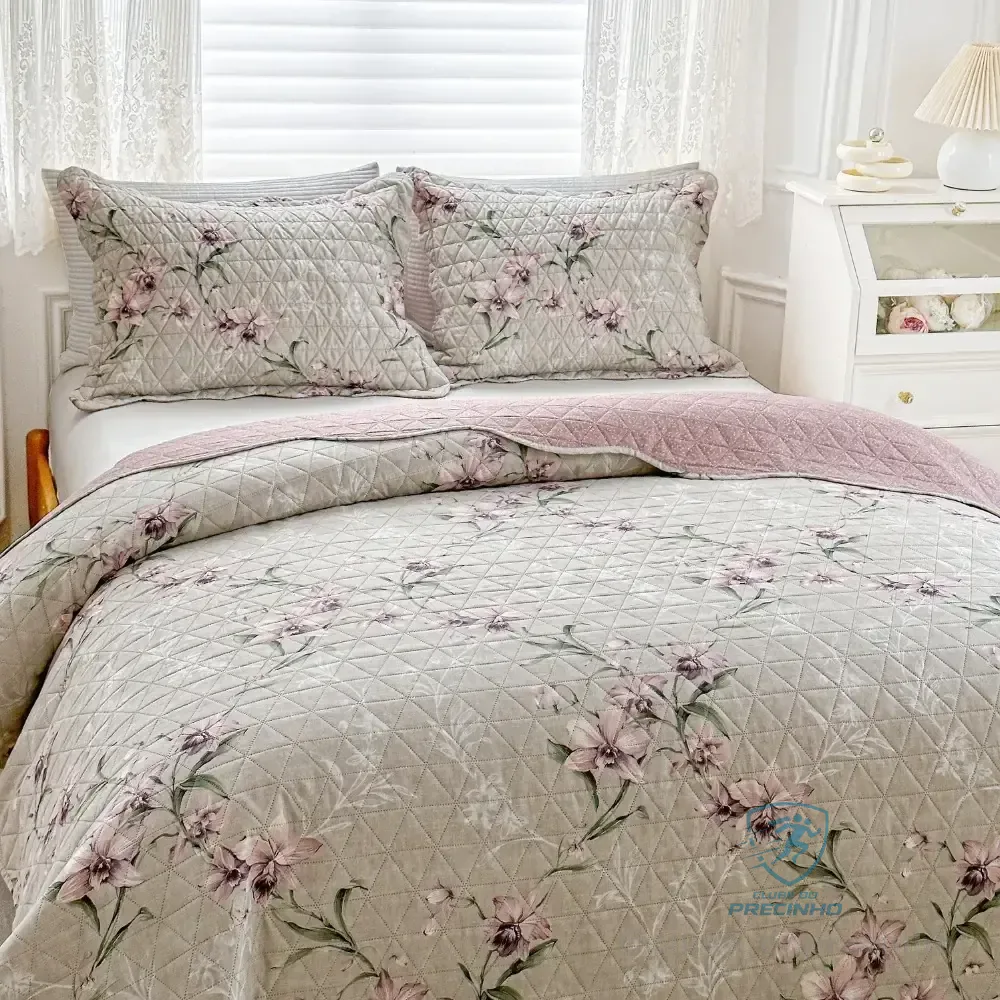 Kit Colcha Casal Bouti Cobre Leito Estampado 3 Pçs Arabesco Floral