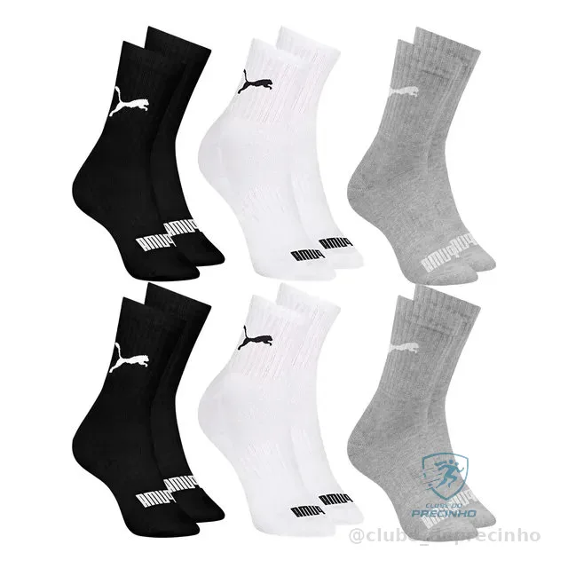 6 Pares Meias Puma Cano Médio Alto Atoalhada Academia Sport