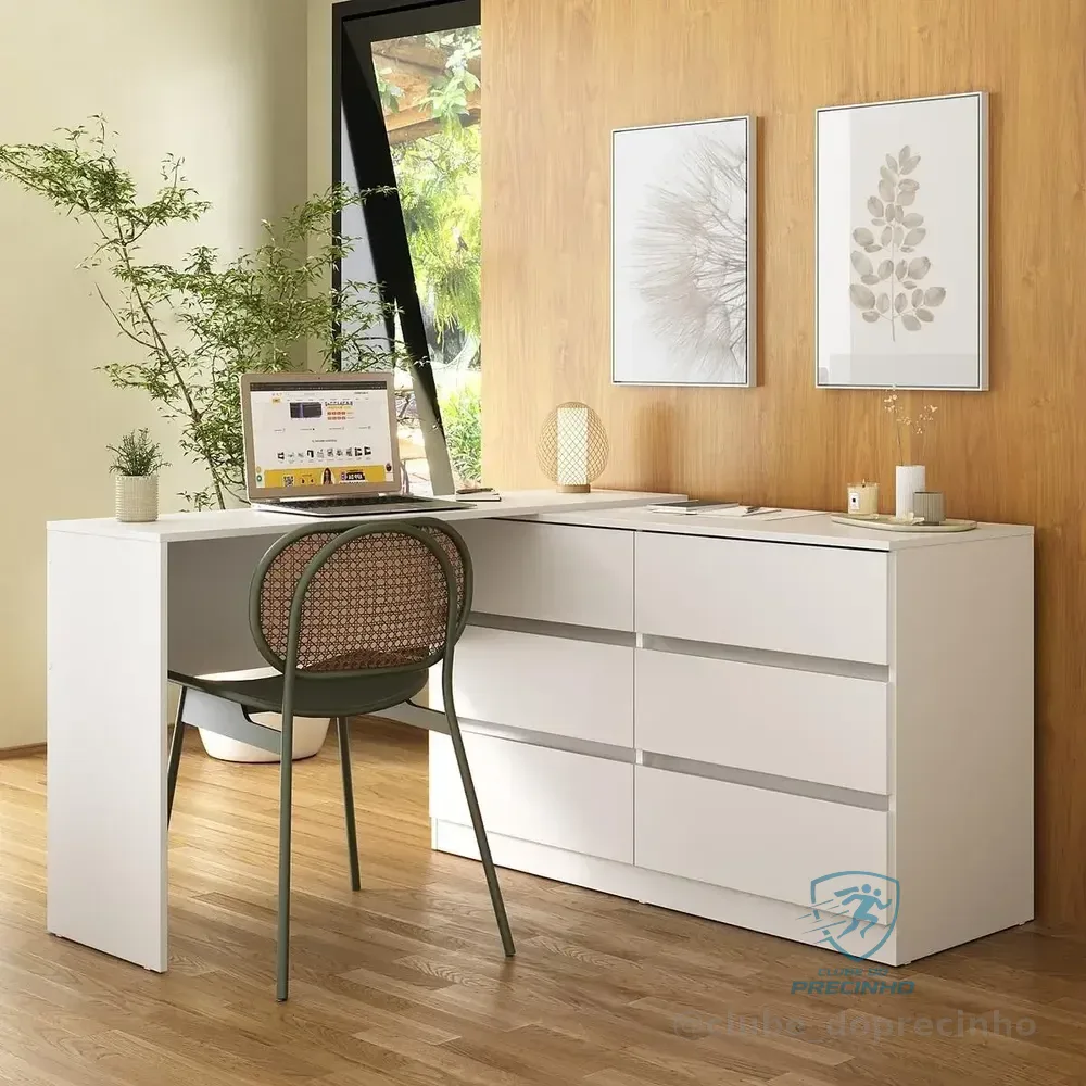 Escrivaninha Em L 120cm C/ 6 Gavetas Flex Multimóveis Mp6030 Branco