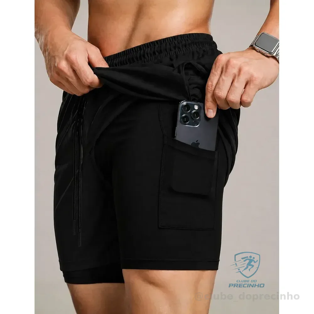 Bermuda Compressão Duplo Masculina 2 Em 1 Short Academia Preto Lisa Gg