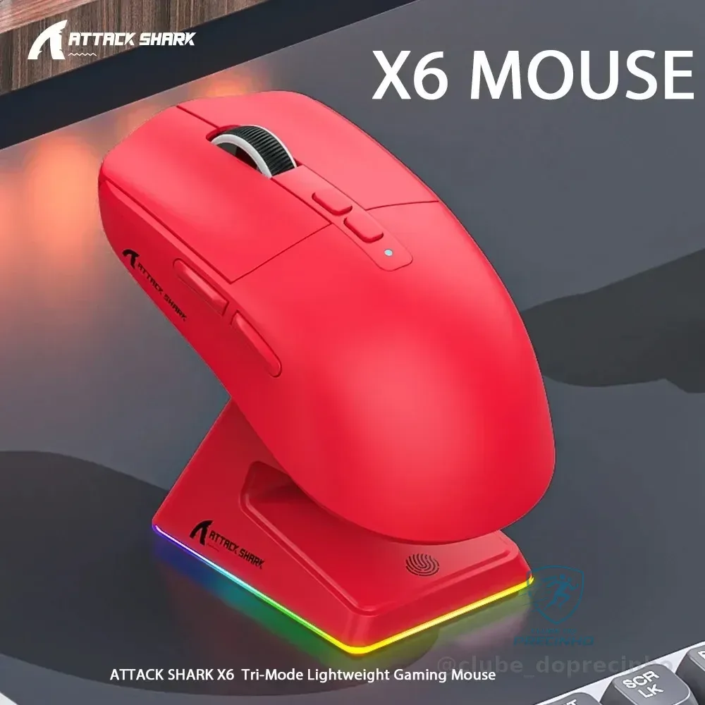Mouse Gamer Sem Fio Attack Shark X6 Tri Mode Red
