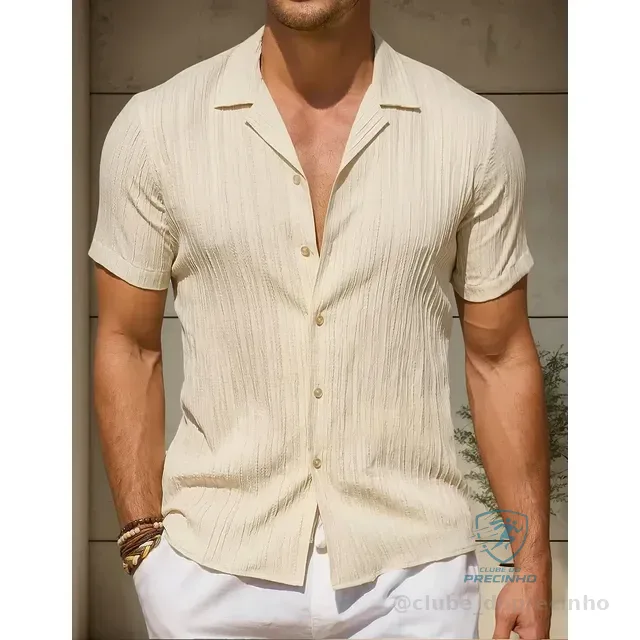 Camiseta Social Masculina Listrada Manga Curta Praia Modas