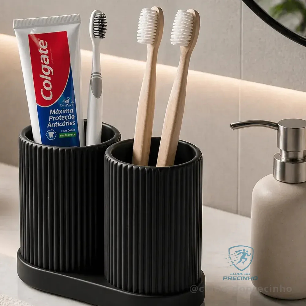 Porta Escova Canelado Duplo C/ Bandeja Banheiro Moderno Luxo Preto
