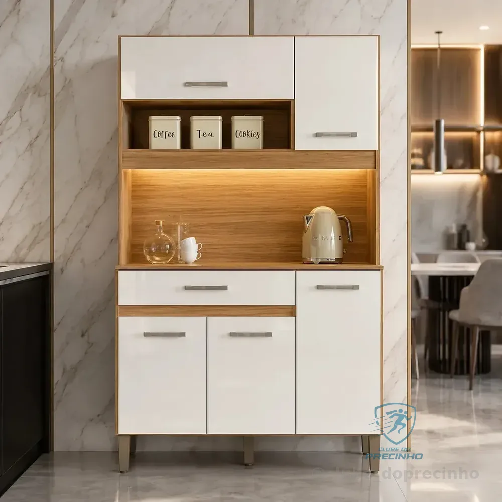 Kit Armário De Cozinha Compacto Magazine Com 5 Portas E 1 Gaveta Multiuso E Bancada Multifuncional Organizador Design Moderno Cor Freijó Off White Freijó/off White Cristal