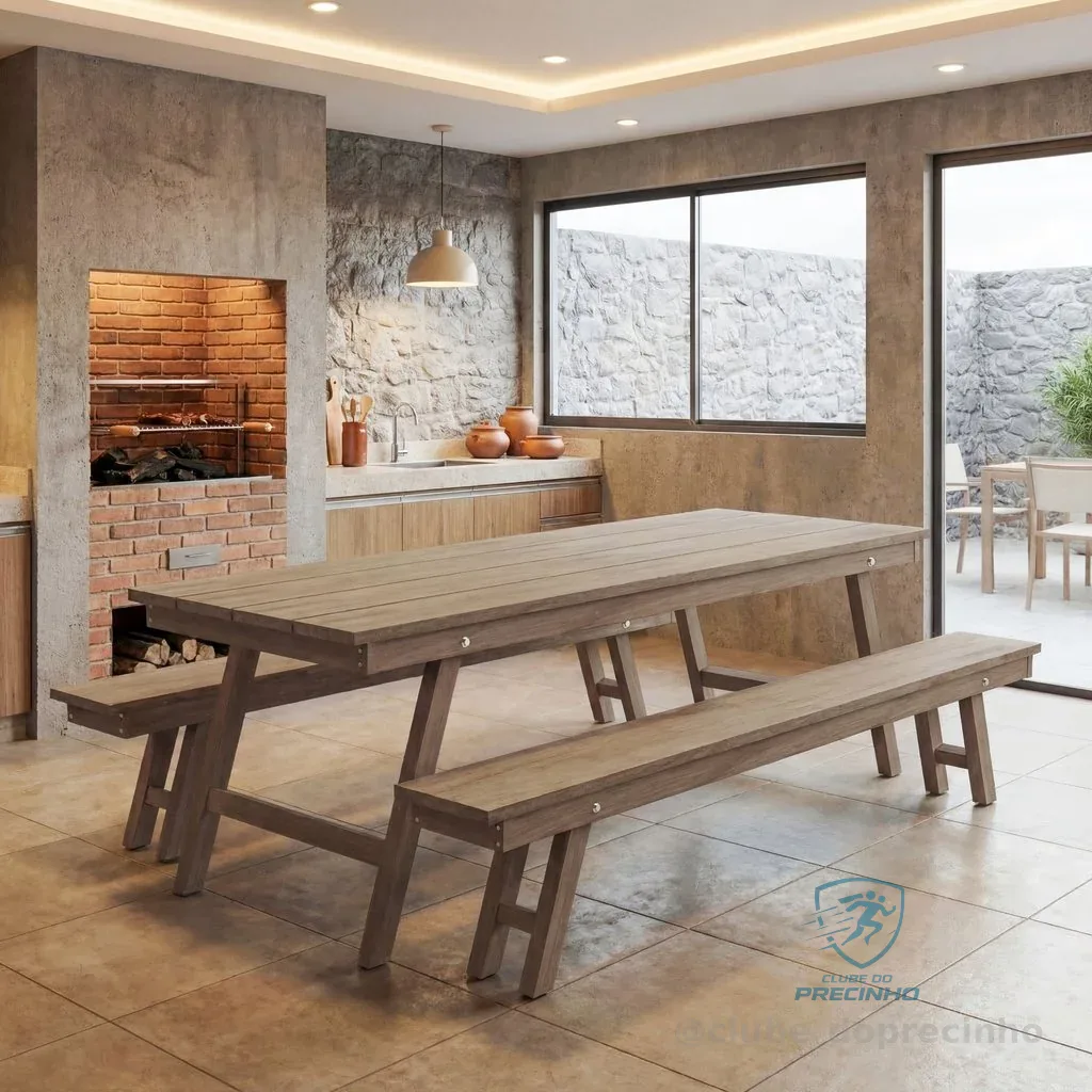 Mesa Rustica com 2 Bancos em Madeira Marrom Marrom