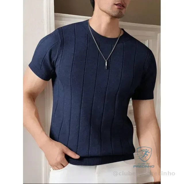 Camiseta Masculina Básica Canelada Manga Curta Tricot Modal