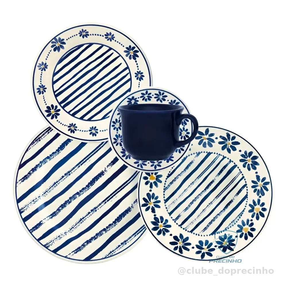 Jogo De Jantar 20 Peças Biona Cerâmica Donna Margaridas Branco Azul E Amarelo