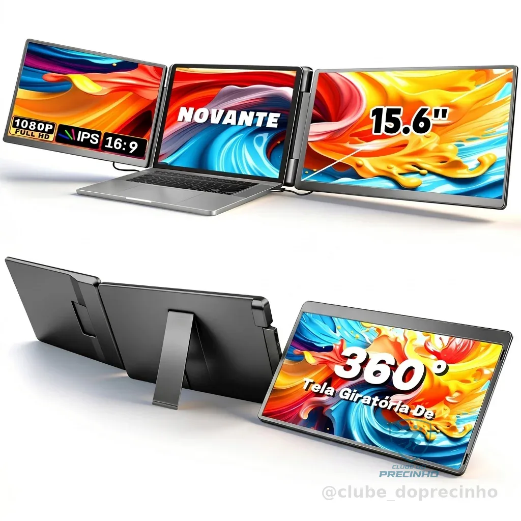 Monitor Portátil Expansor de Tela Dupla 15.6" FHD 1080p IPS, Tela Rotativa 360° para Notebook