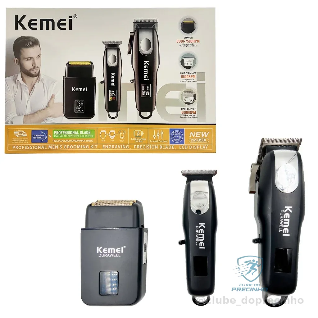 KIT KEMEI 3 EM 1 KM-8531 CABELO + ROSTO + CORPO BIVOLT SEM FIO SHAVER HAIR TRIMMER  CLIPPER PORTATIL