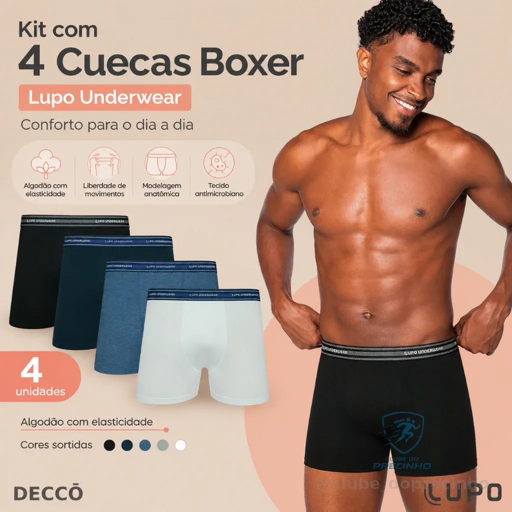 Kit De 4 Cuecas Originais Lupo Boxer Box Básica Em Algodão Cotton Com Elastano