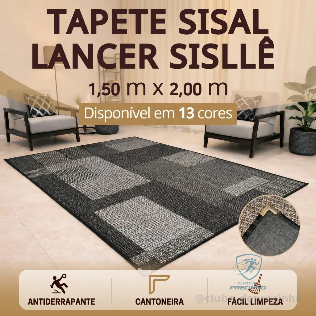 Tapete Sisal 200x150 cm Lancer Sisllê Antiderrapante Cantoneira Aço Cromado Sala Quarto Escritório