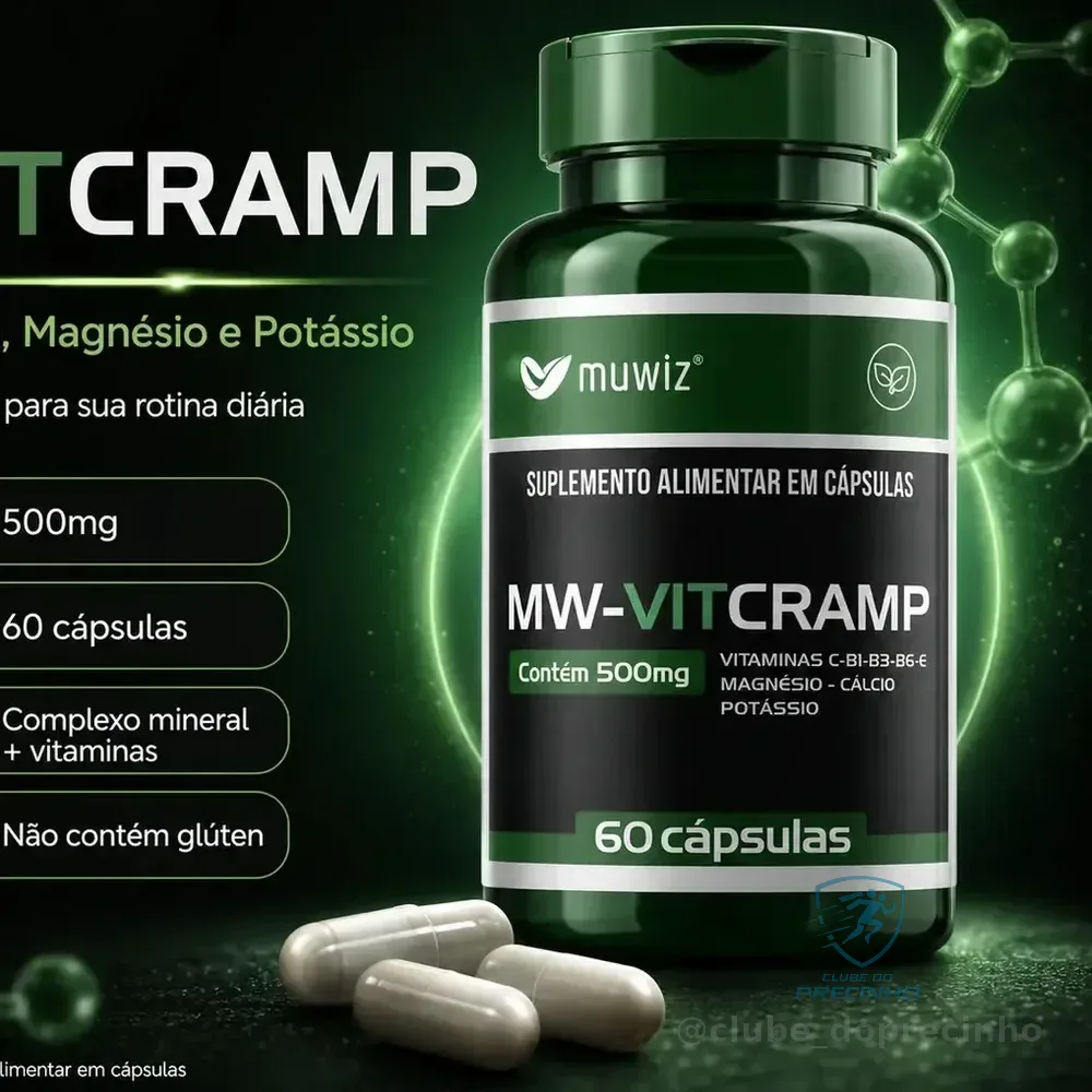 Suplemento Vitcramp Para Câimbras Com Potássio, Cálcio, Magnésio, Vitamina E, Vitamina B6, 60 Cápsulas, Muwiz Sem Sabor