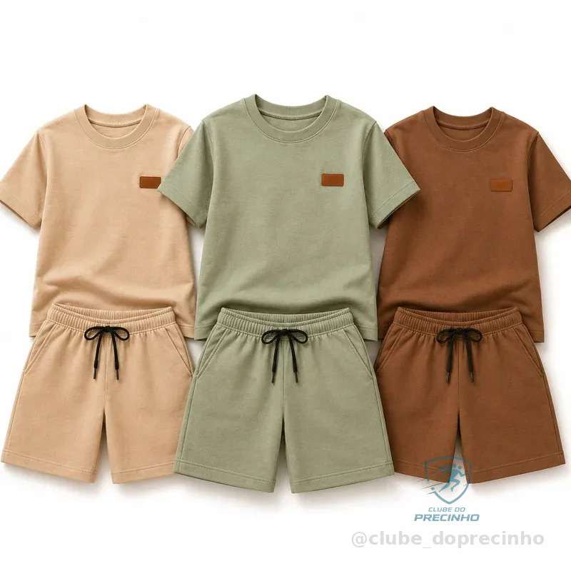 Kit 6 Peças Menino Conjunto Infantil Monocromático Premium Camiseta Shorts Algodão