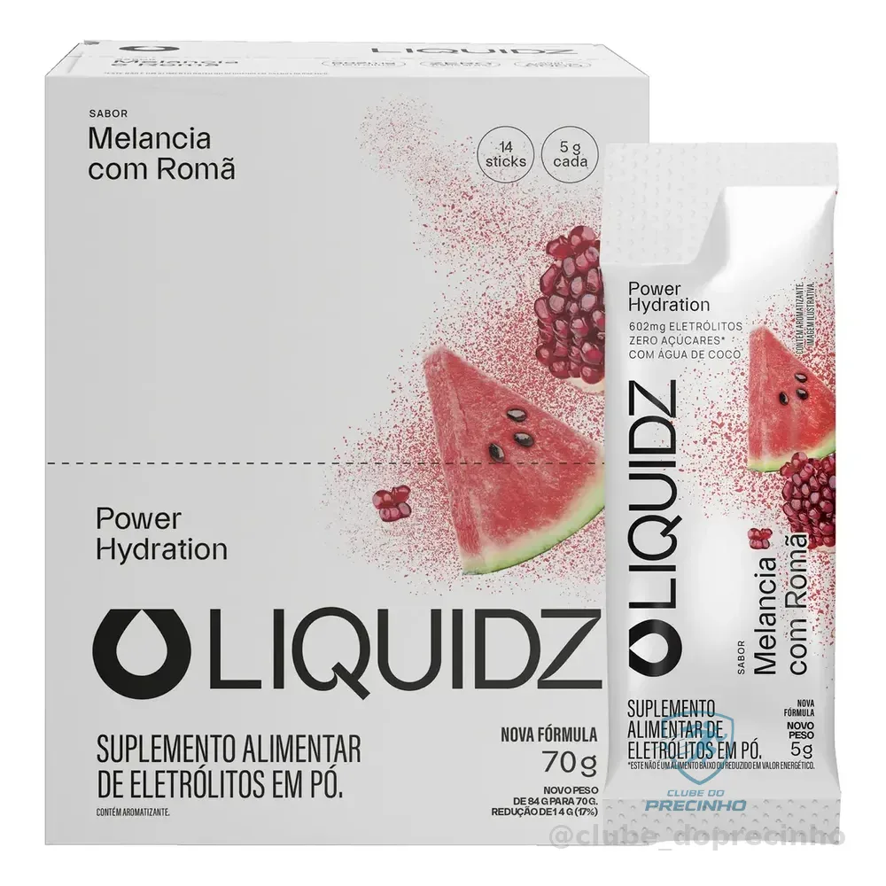Liquidz® - Eletrólitos Zero Açúcares - Sabor Melancia Com Romã - Kit 1 Caixa - 14 Sachês