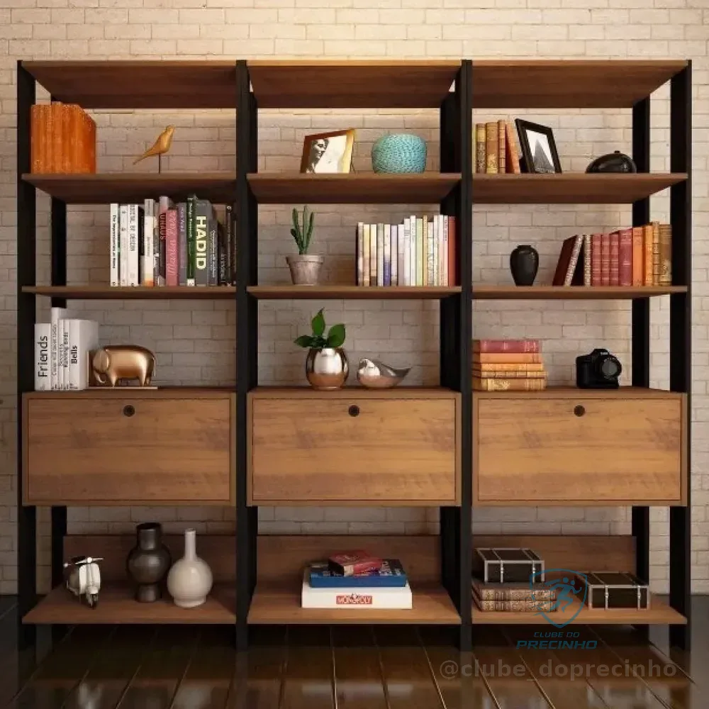 Conjunto 3 Estantes Para Livros Industrial 1 Porta Mdp Db Marrom