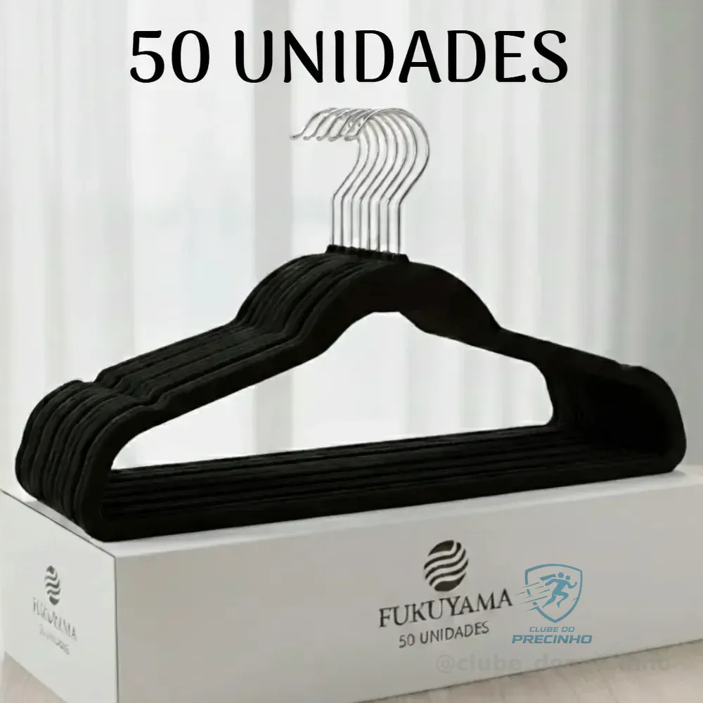 Kit 50 Cabides De Veludo Preto Fukuyama Com Gancho Giratório 360° Antideslizante Slim
