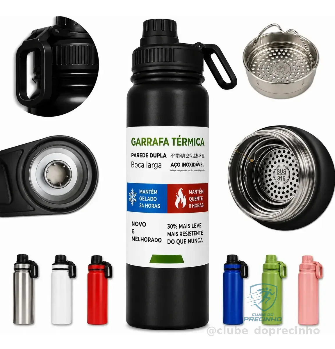 800ml Garrafa Térmica Água E Café Squeeze Inox Academia Alça Rosa