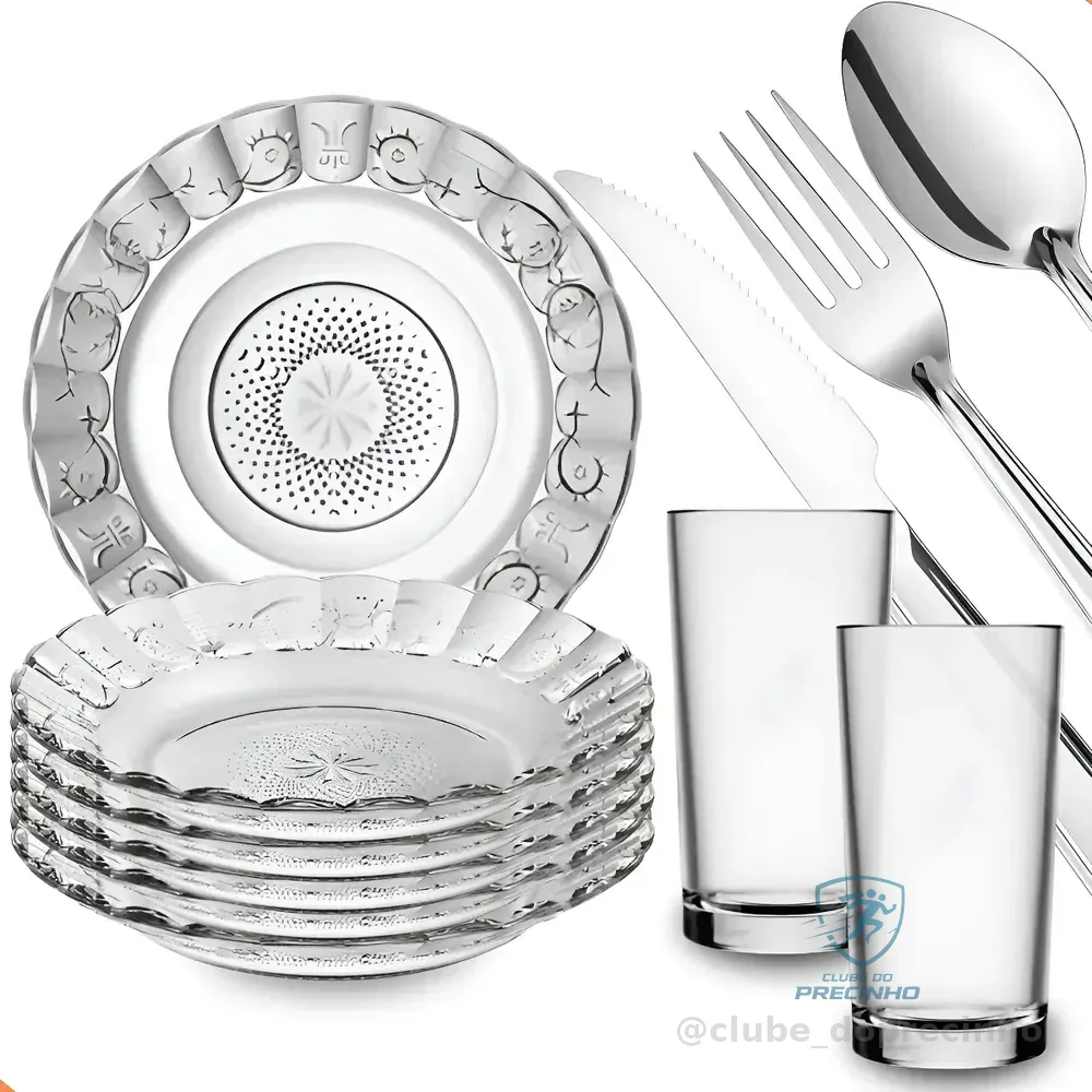 Aparelho De Jantar 30 Peças - Pratos + Copos + Talheres Inox