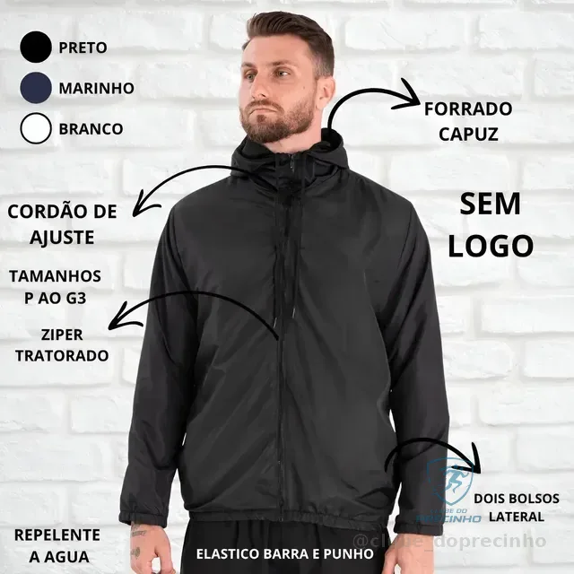 Jaqueta Corta Vento Liso Unissex Esportivo Capuz E Bolsos