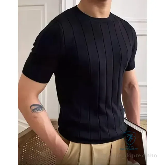 Camiseta Masculina Básica Canelada Manga Curta Tricot Modal