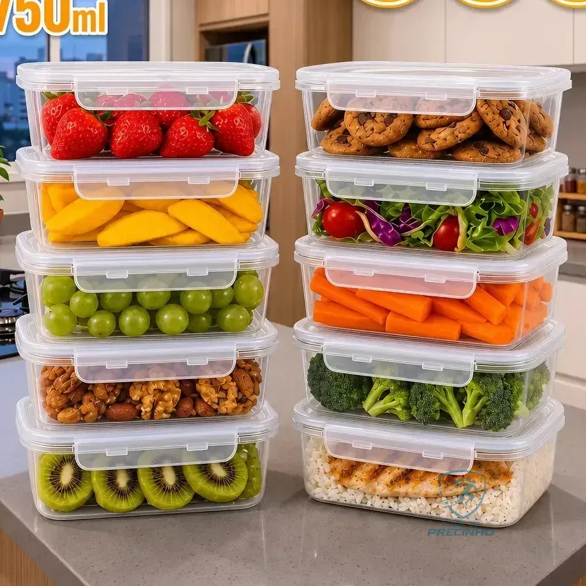 Kit 10 Potes 750ml Com Tampa Trava Plástico Transparente Para Mantimentos E Alimentos Marmita Organizador De Cozinha Geladeira E Freezer Jogo De Potes Para Organização Ponte Lar Utilidades