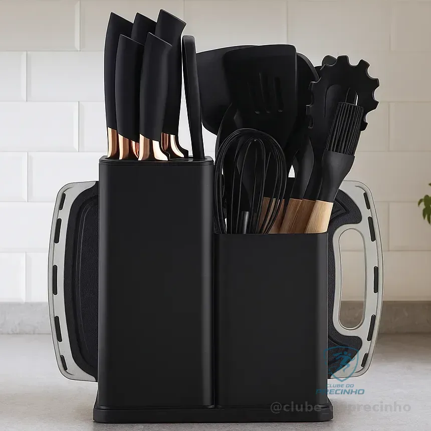 19 Peças Kit Utensilios Cozinha Tábua Em Silicone Espátula Preto