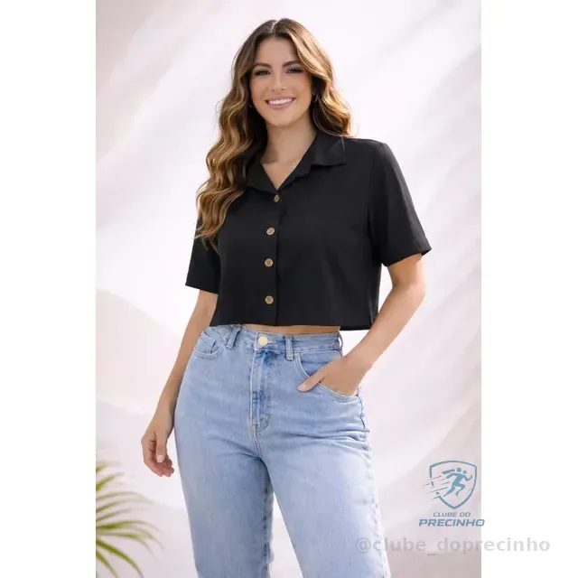 Blusinha Feminina Camisa Social Cropped Botões Manga Curta