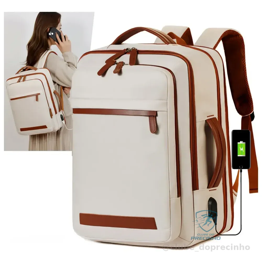 Mochila Reforçada Expansível Executiva Viagem Trabalho Mala Bege