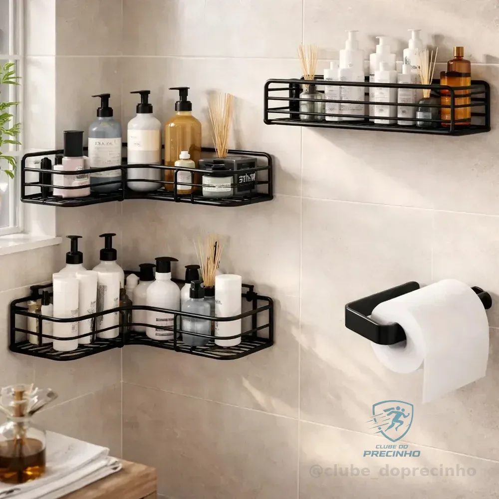 Kit 4 Suporte De Banheiro Alto Adesivo De Parede Aramado Pr Preto