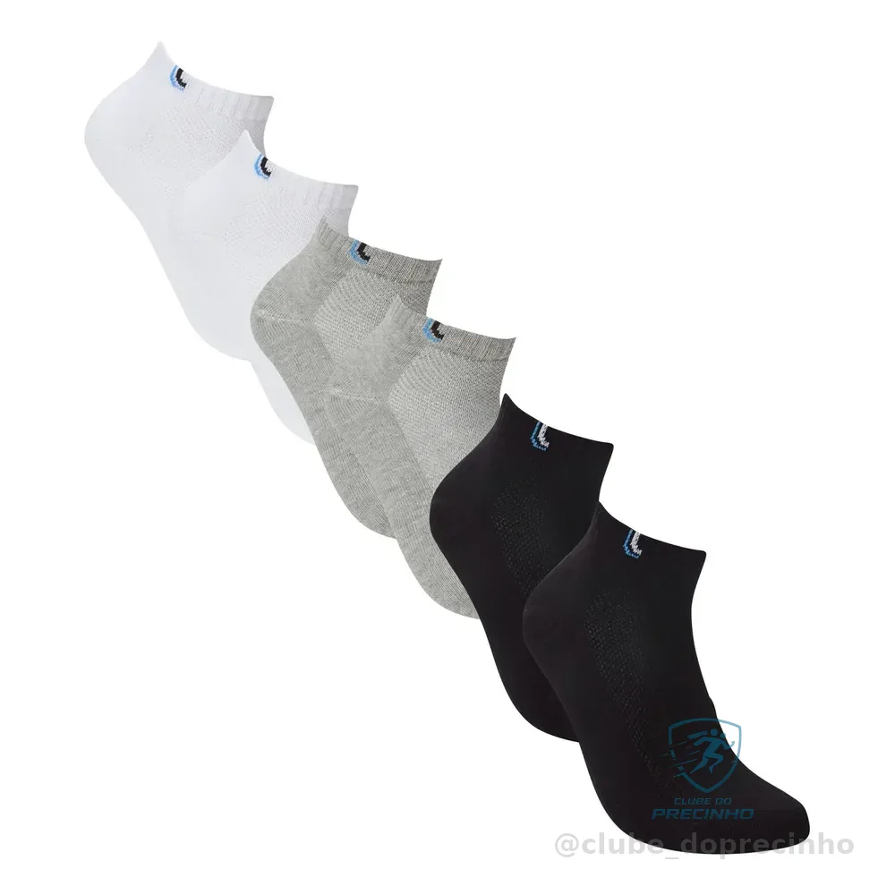 Kit 6 Pares De Meias Cano Curto Unissex Sport Lupo Branco / Cinza / Preto Liso 37-40