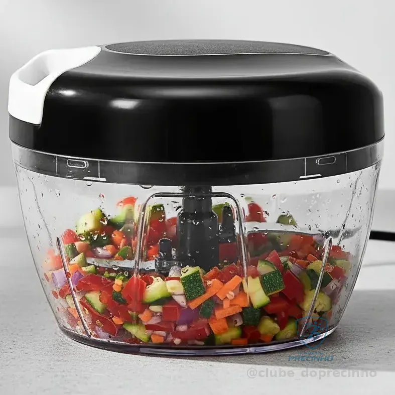 Processador Triturador Fatiador Picador Moedor Temperos Legumes Frutas Alimentos Alho Cebola Manual Souleve 500ml 3 Lâminas Inox Preto