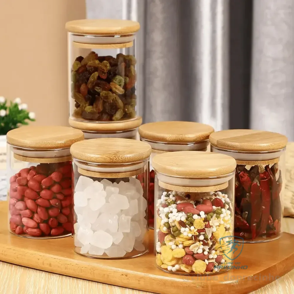 Kit 6 Pote Vidro Porta Temperos Hermético Cozinha Organiza Vidro/tampa De Bambu