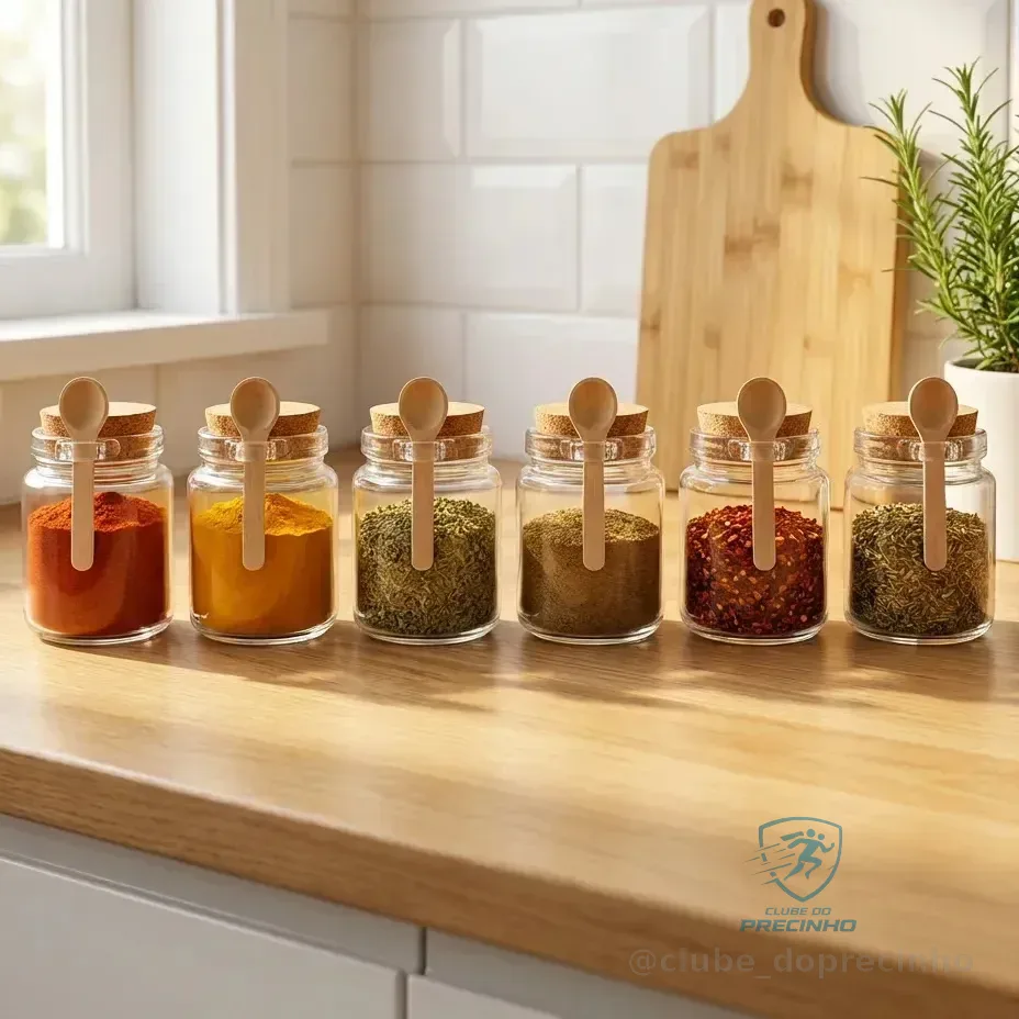 6 Potes Para Temperos Grande Vidro Com Colher De Bambu 240ml Transparente